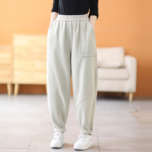 松紧腰加绒裤 哈伦裤 女大码 针织棉不对称剪裁休闲裤 女 冬装 绿素棉