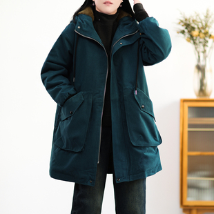 宽松大码 绿素棉 冬装 连帽纯棉加绒棉服女 中长派克服兔毛加厚 工装