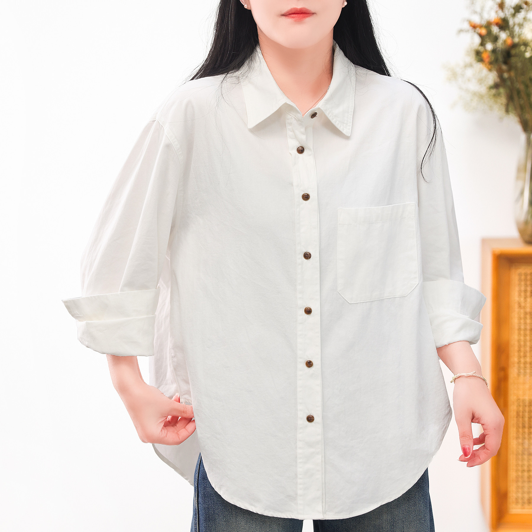 绿素棉糖果色叠穿百搭经典全棉衬衣女早春简约打底白衬衫白色上衣