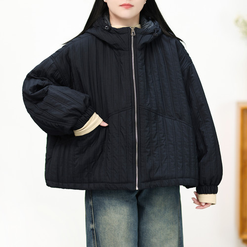 竖绗缝连帽廓形棉服女大码新款冬