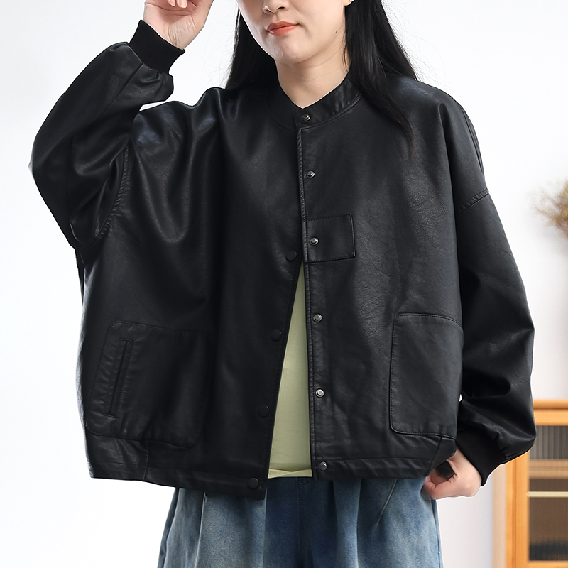 纯色PU皮衣女短外套胖mm软糯