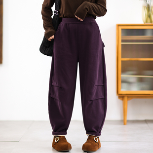 防鼓包遮肉显瘦加厚休闲裤 女冬装 原创简约加绒直筒哈伦裤 绿素棉