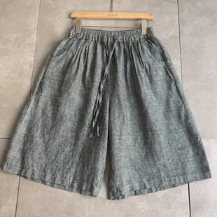 轻薄凉快松紧腰纯色显瘦休闲裤 直降福利 色织汉麻七分裤 女 子大码