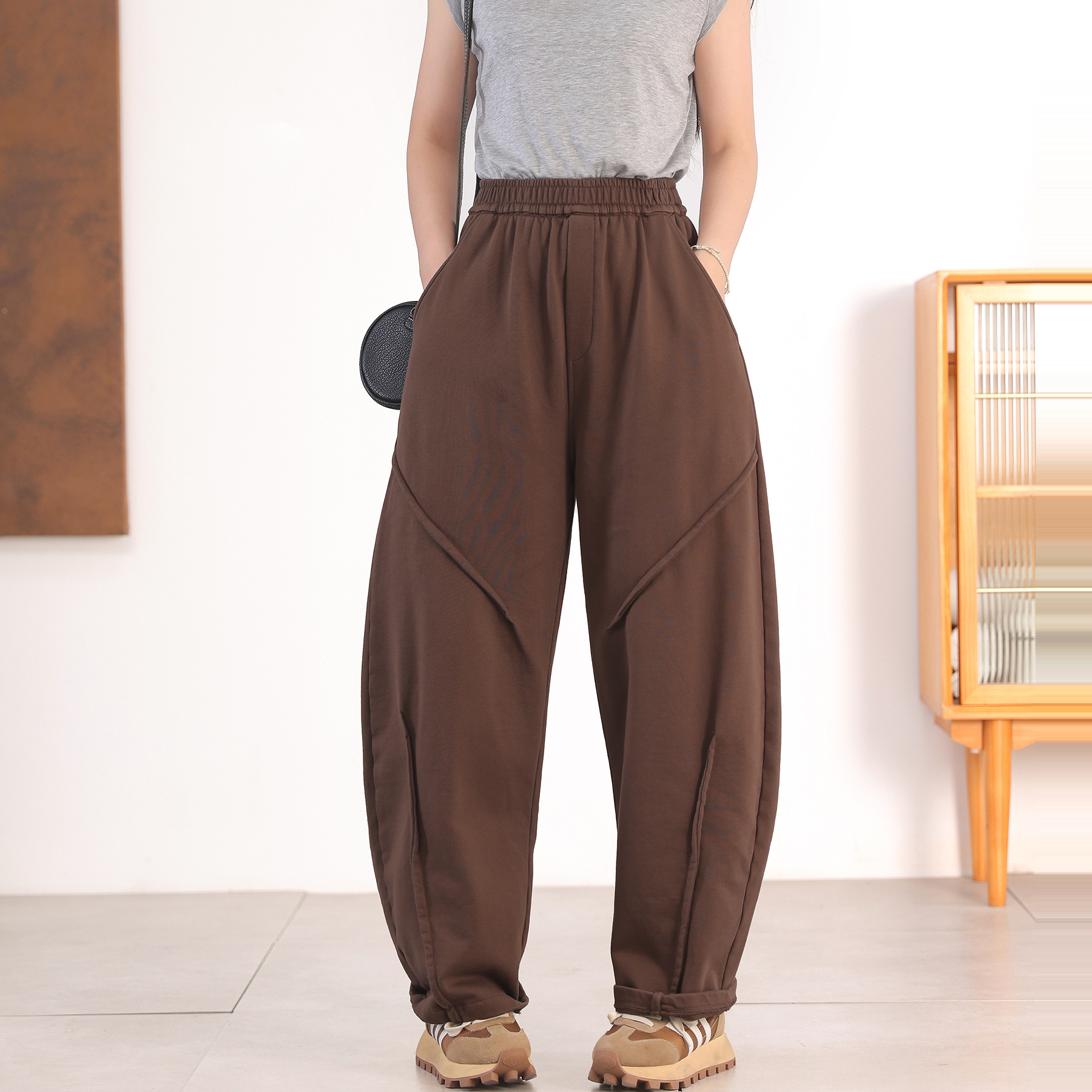 绿素棉3D立裁纯棉弯刀哈伦裤秋装