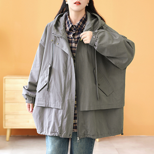 胖mm蝙蝠型层次感小众外套秋冬 连帽风衣女中长款 绿素棉 山系工装