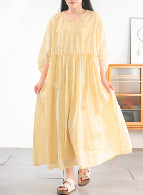 6.27新 仙气飘飘苎麻连衣裙~蝴蝶纷飞 2025夏装新品宽松大摆长裙
