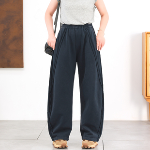 女装 绿素棉 原创重膀400全棉弯刀阔腿裤 大码 秋 粗犷炒色毛边休闲裤