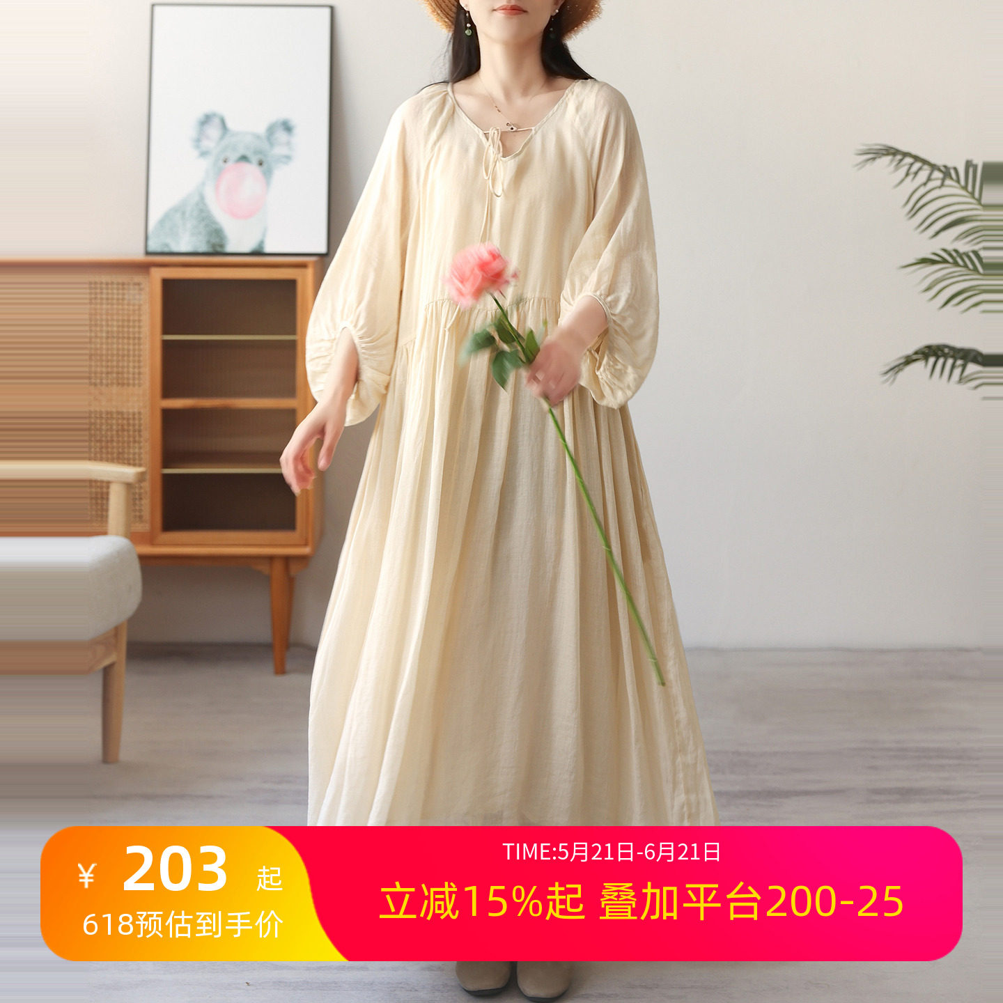 绿素棉 优雅度假 泡泡袖苎麻连衣裙 大码 夏季绑带飘逸双层长裙女