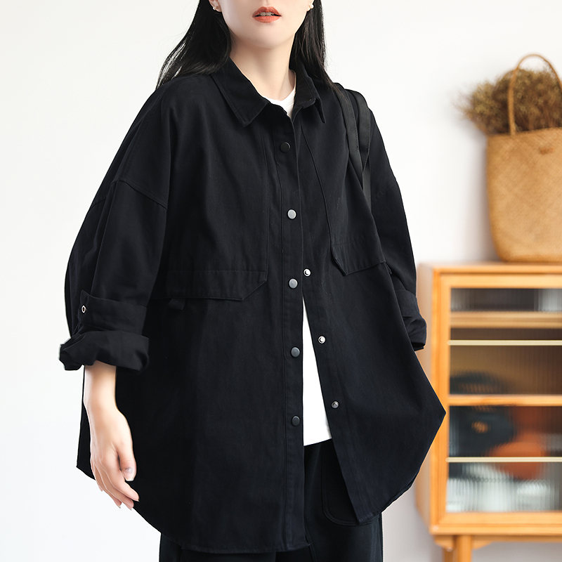 中性男友风斜纹棉中长衬衫学院风