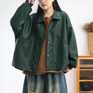 胖mm180斤大码 春秋新款 皮夹克 复古大口袋PU皮皮衣外套女 绿素棉