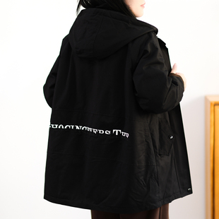 绿素棉 连帽派克服棉衣外套女纯棉冬加厚加绒羊剪绒宽松字母刺绣