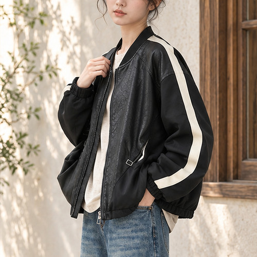 早秋撞色运动风宽松短款PU皮衣女