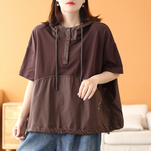 半开领廓形茧型上衣 绿素棉 大码 短袖 夏 兔子先生多色连帽t恤女
