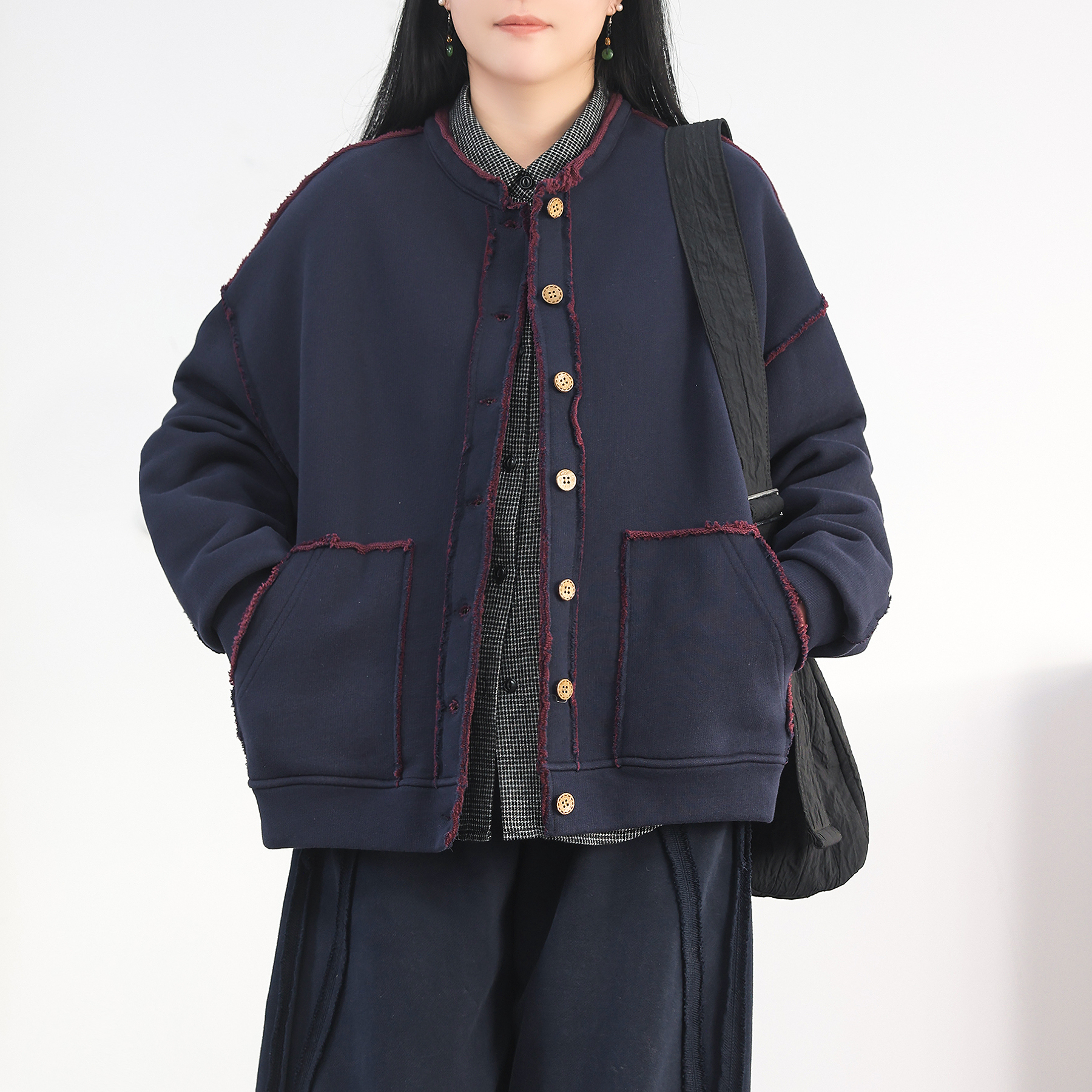 拼接撞色卷边卫衣开衫女宽松大码