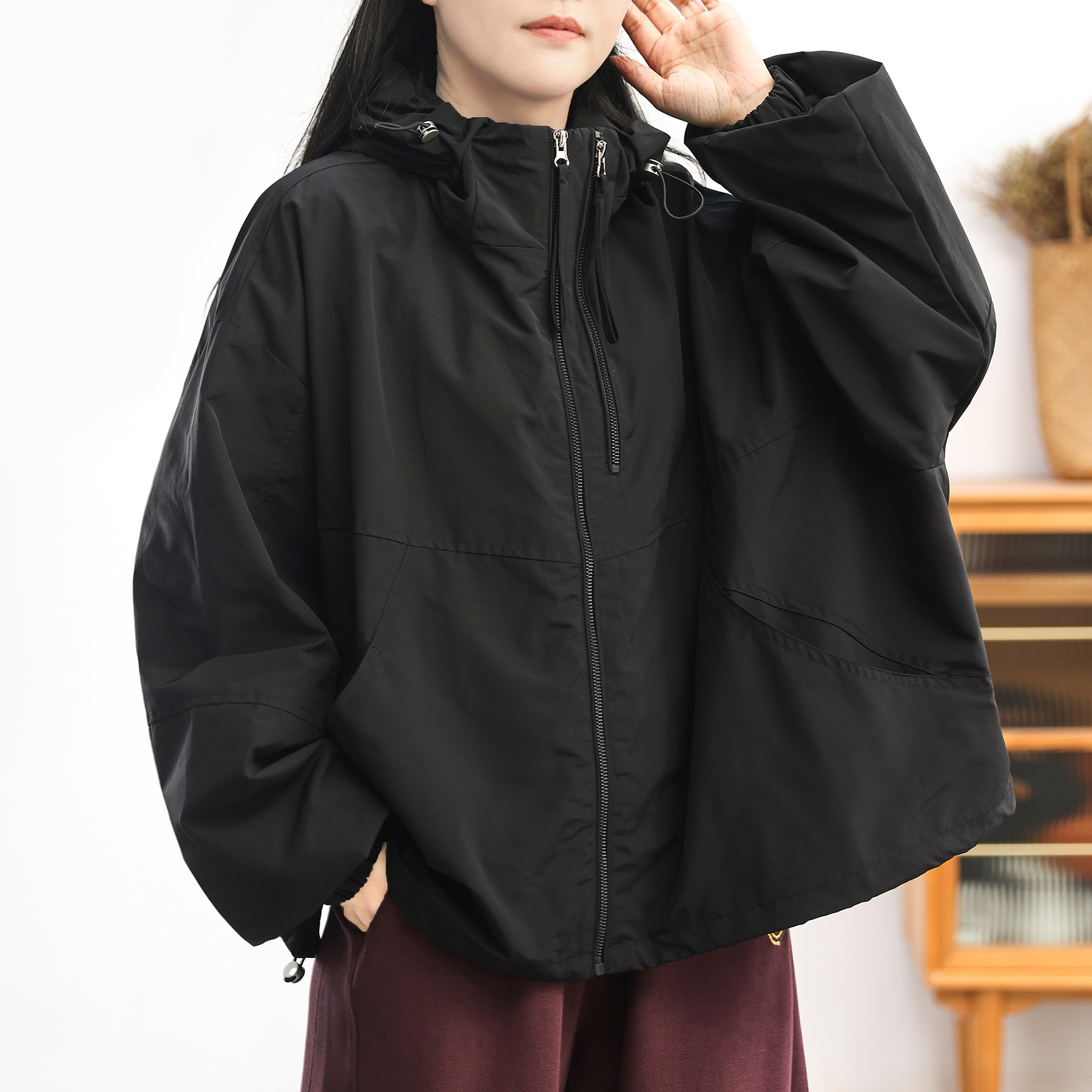 绿素棉 城市轻户外大码连帽双拉链夹克外套冲锋衣女 胖mm港风宽松