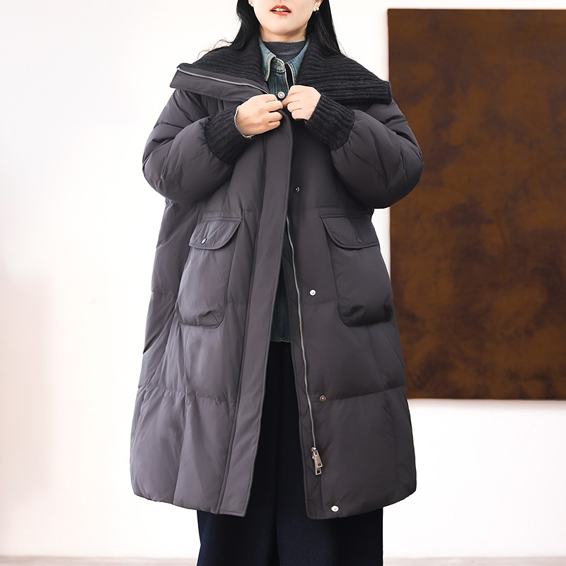 绿素棉 针织大翻领羽绒服女中长款~保暖宽松过膝90白鸭绒外套 潮