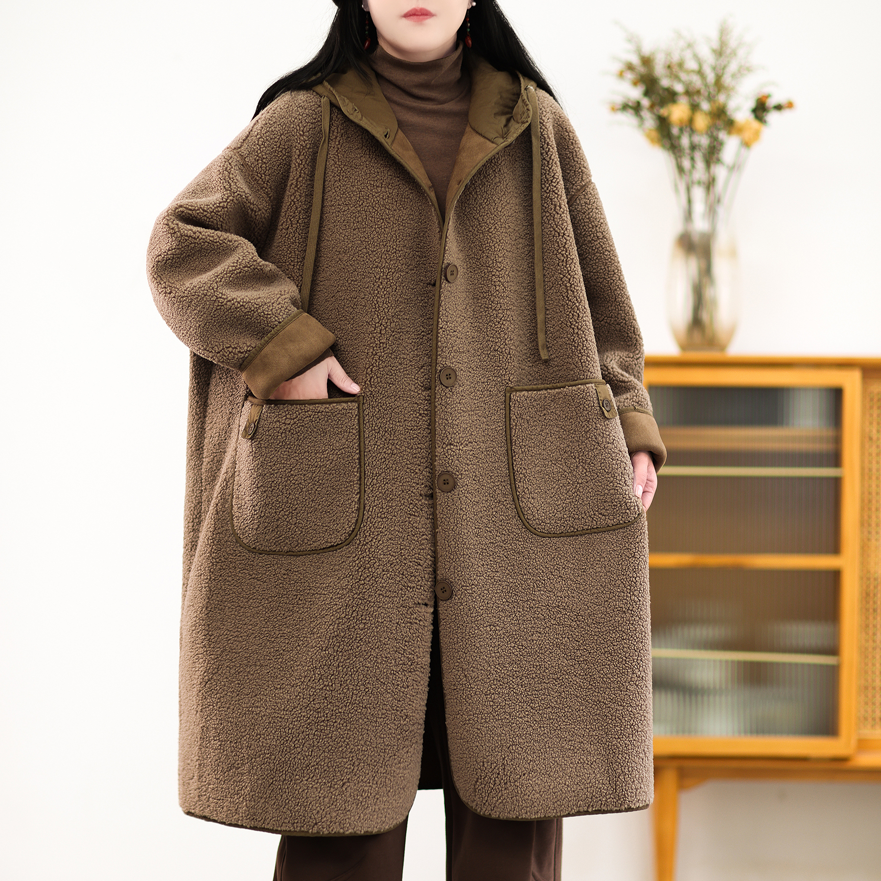 连帽羊羔绒皮毛一体加厚加绒长款