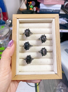 天然黑曜石复古款戒指,黑金铜托,开口圈,银眼黑曜石,简单百搭