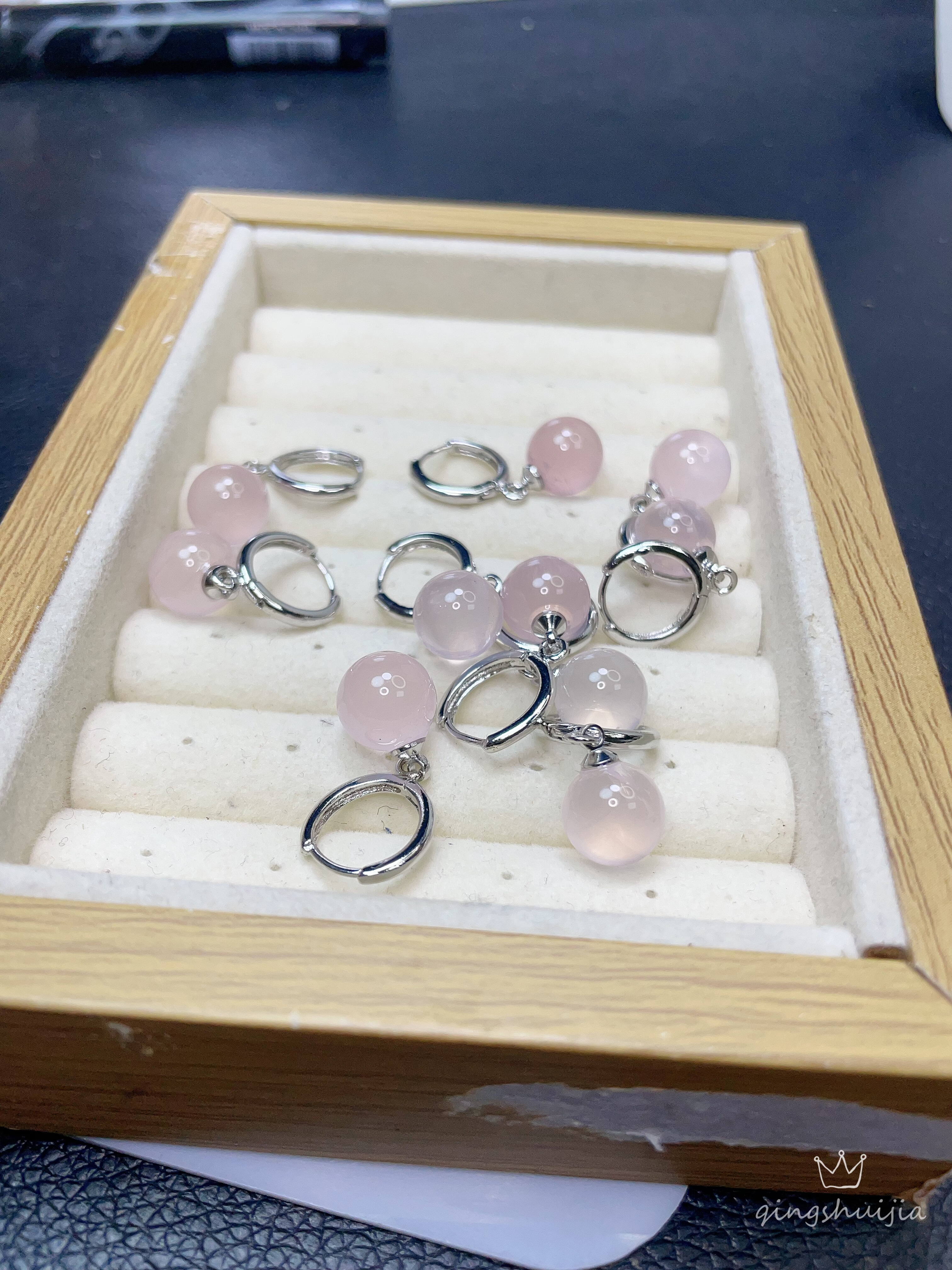 天然粉水晶泡泡耳扣耳饰珠子卡10mm铜镀金耳扣耳环耳坠耳饰