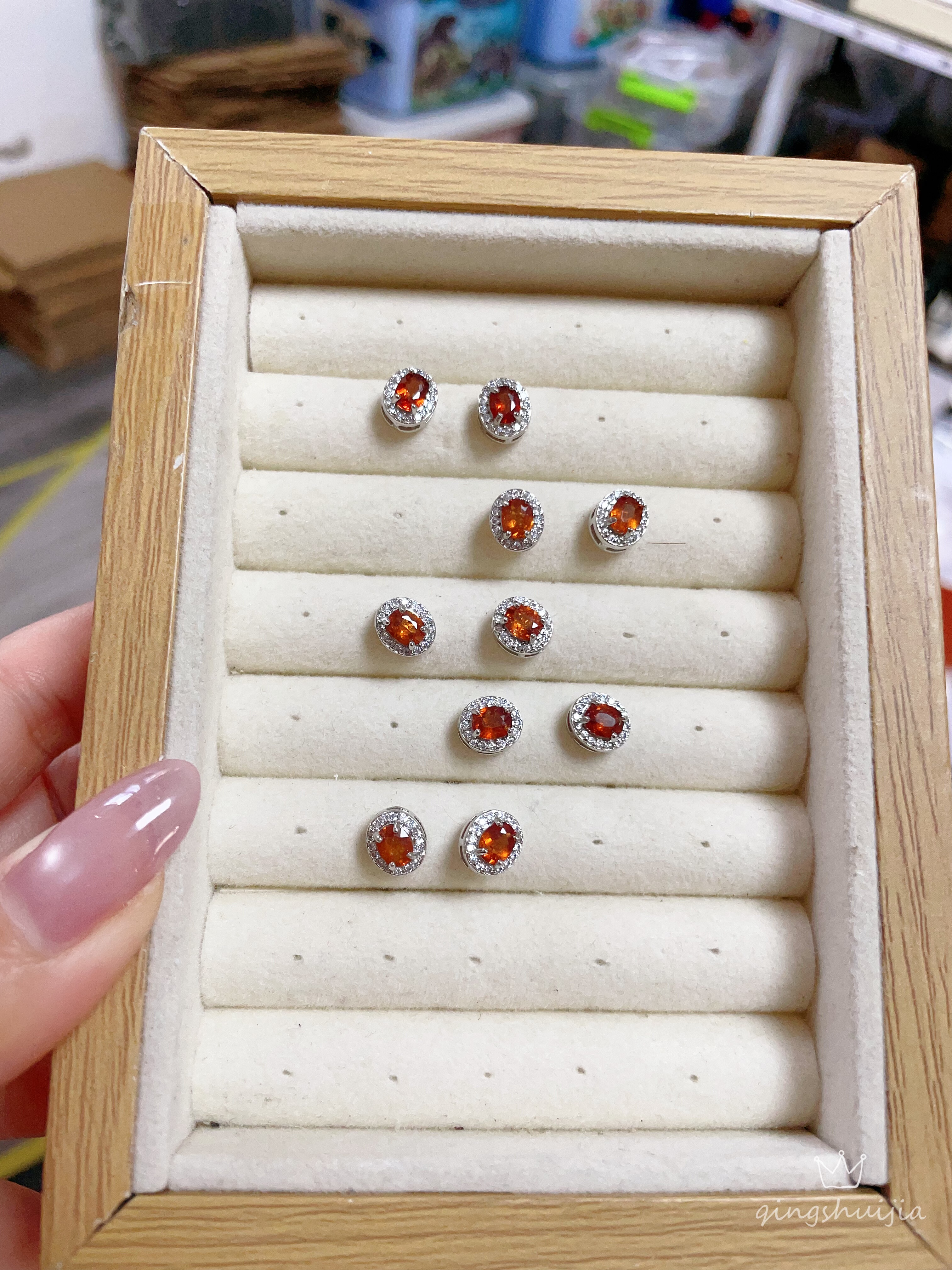 天然橙红石榴石耳钉耳饰，银针，简单日常戴妃款