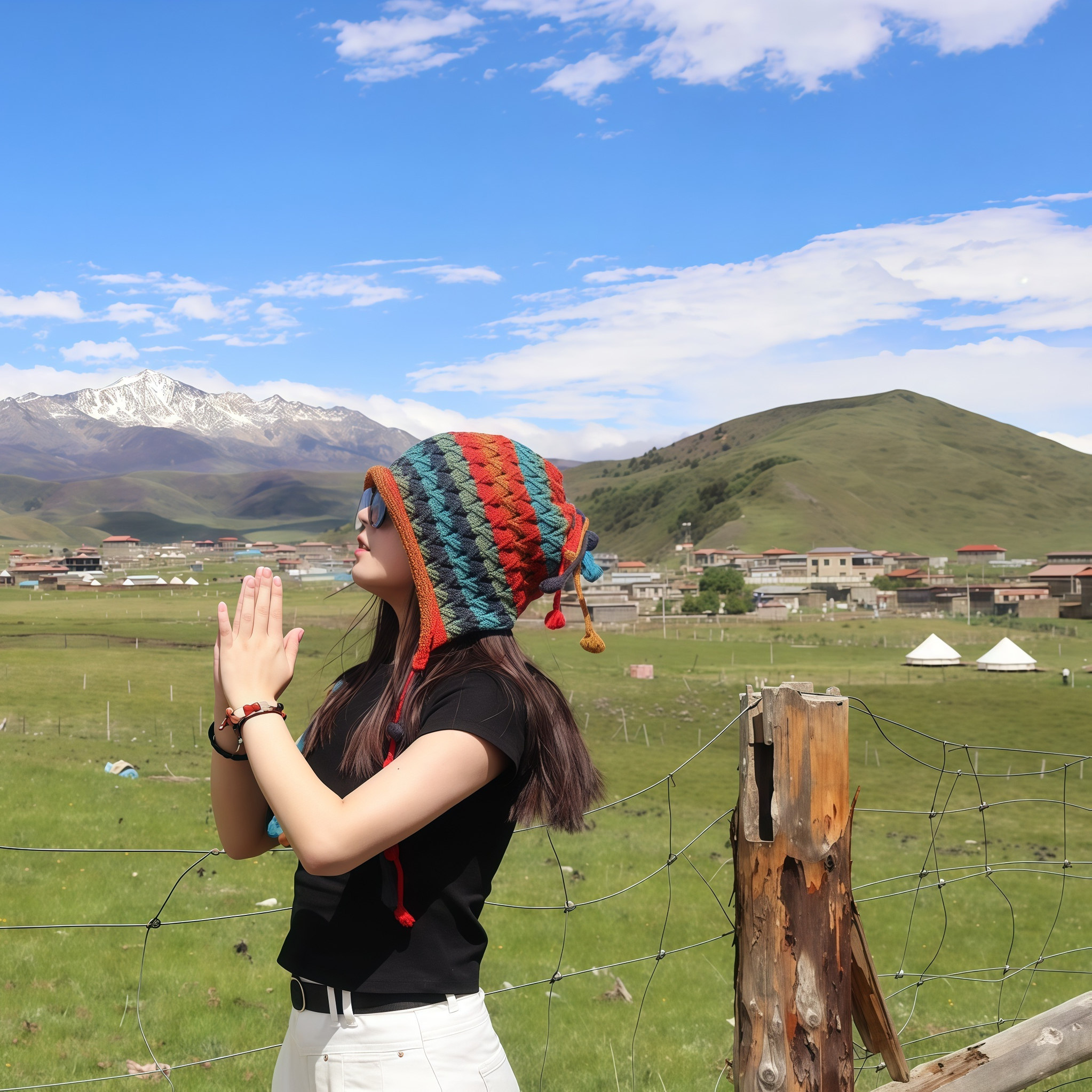 小众设计感撞色手工钩织套头帽女秋冬季彩色流苏球球毛线帽护耳帽