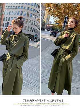 2023军绿色卡其色秋季新款 现货 欧韩时尚长款显瘦风衣外套  腰控