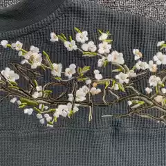 Shoulder Embroidered Cherry Blossom Waffle Long-Sleeve T-Shirt