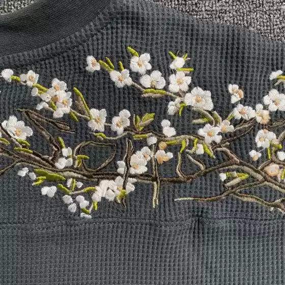 Shoulder Embroidered Cherry Blossom Waffle Long-Sleeve T-Shirt