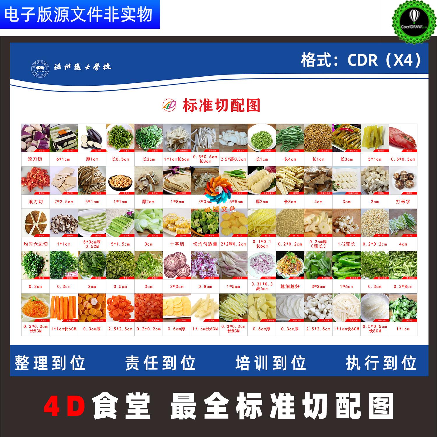 蔬菜标准切配图展板4D厨房管理宣传栏食堂切配验收标准挂图素材
