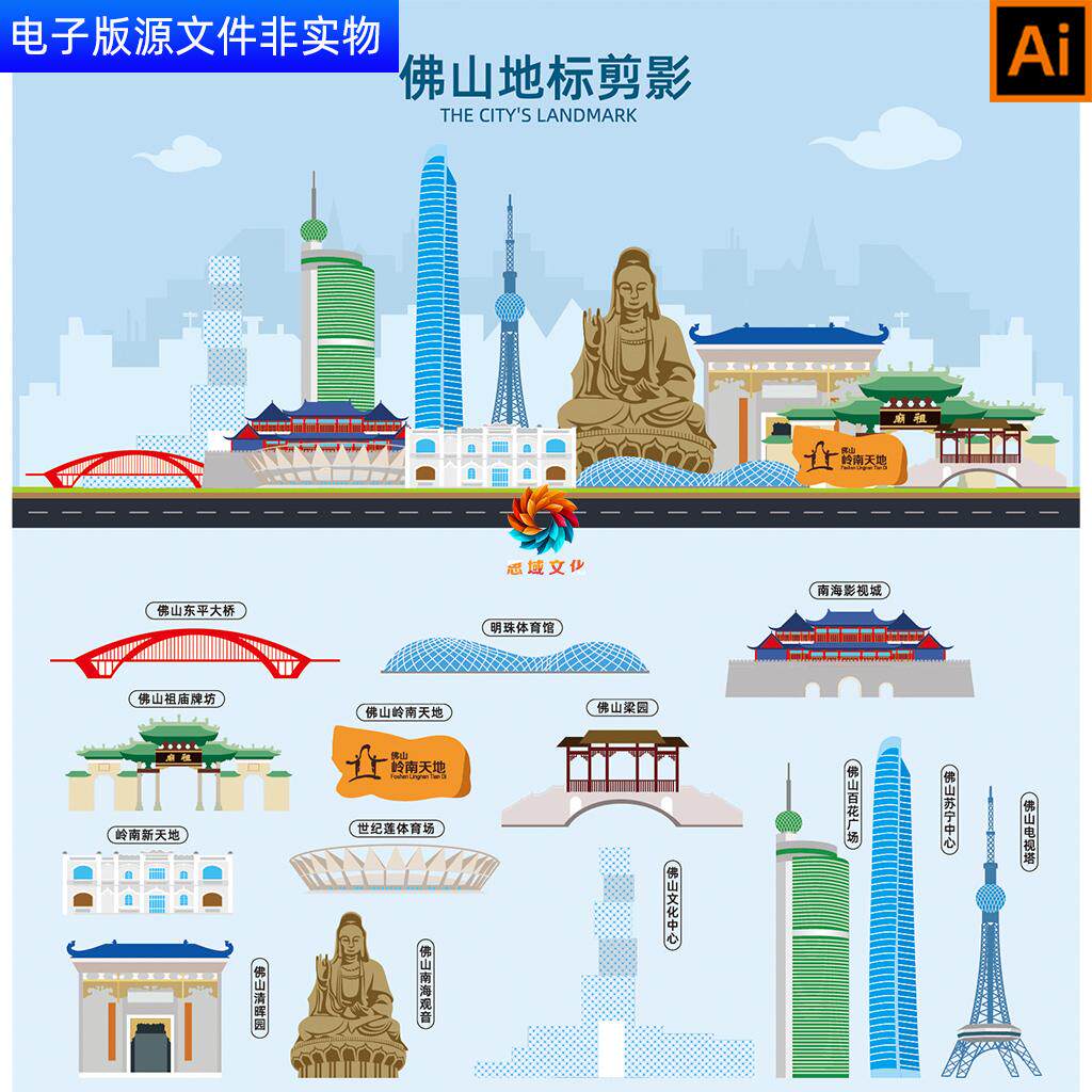 中国广东省佛山市地标建筑矢量剪影线稿线描手绘插画天际线AI素材