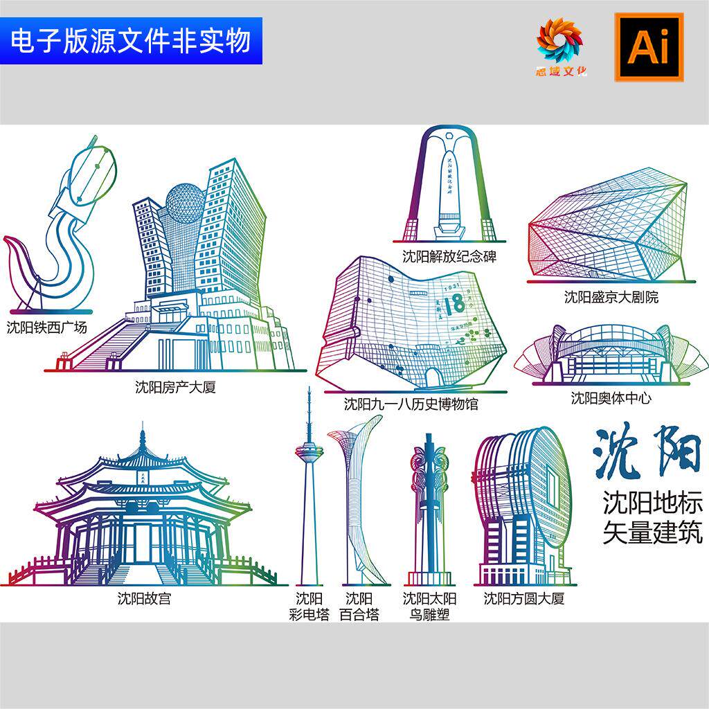 辽宁沈阳地标建筑矢量剪影线稿线描手绘插画沈阳景点印象名片素材