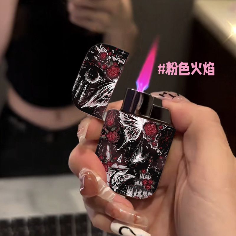 暗黑系防风充气打火机创意塑料粉色火焰高颜值耐用个性送男友礼物