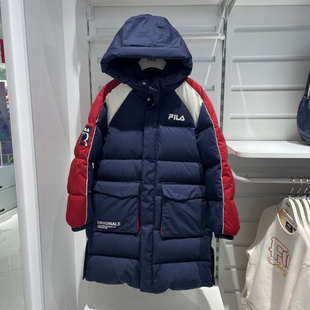 FILA斐乐童装25冬季男大童防风拒水保暖连帽长款羽绒服K12B541908