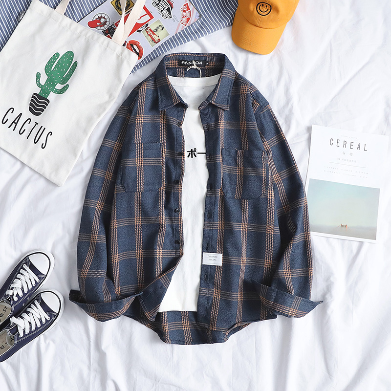 方格衬衫男长袖2021春秋季新款青少年港风日系宽松休闲格子衬衣潮