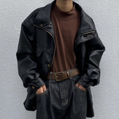 14GSL山本风复古短款 PCGO 翻领PU机车皮衣夹克男女宽松通勤外套