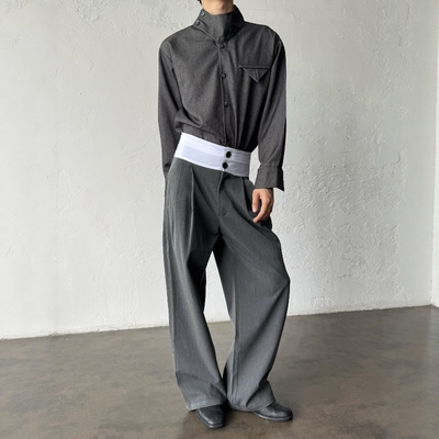 小众设计感山本风拼色封腰西裤