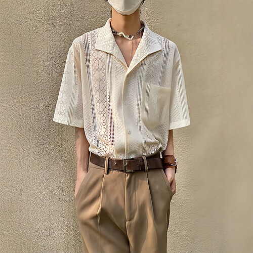 PCGO山本风蕾丝古巴领短袖衬衫