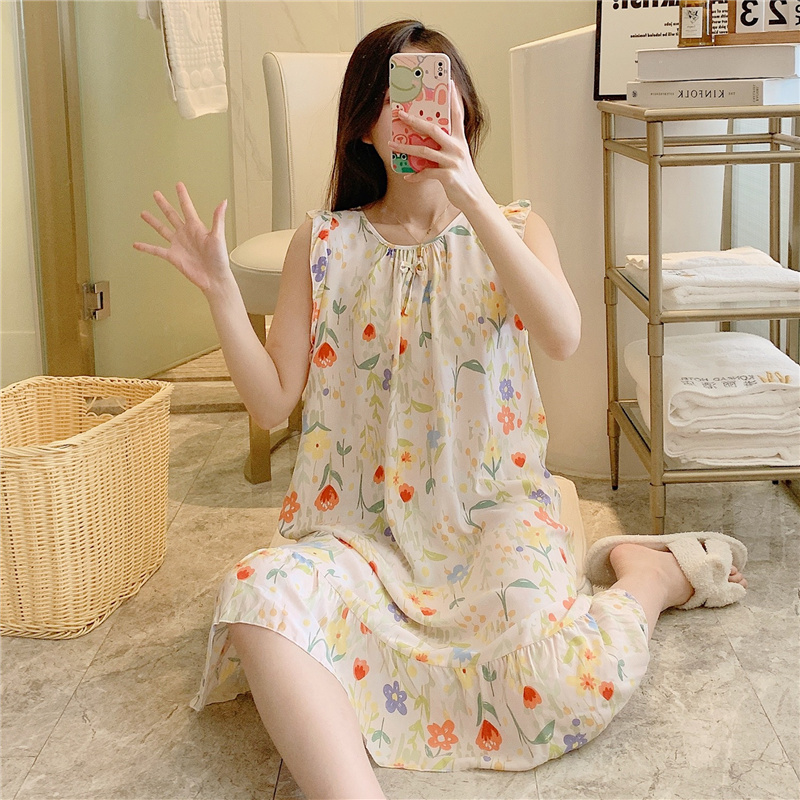 背心睡裙女夏棉绸日系花卉连衣裙