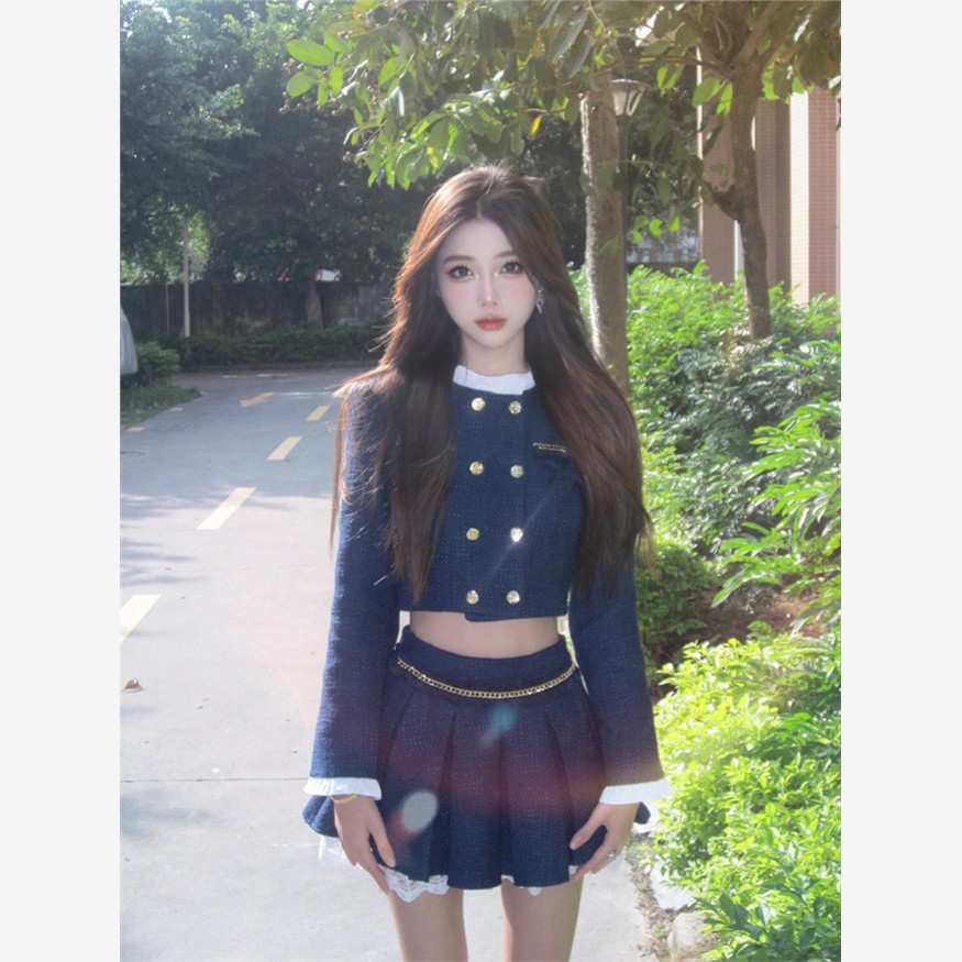 纯欲小香风藏蓝马术套装裙秋冬2025新款宫廷风女团打歌服两件套女