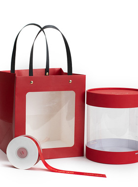 新年礼品抱抱桶圆形零食糖果烘焙蛋糕包装盒圣诞红色开窗手提拎袋