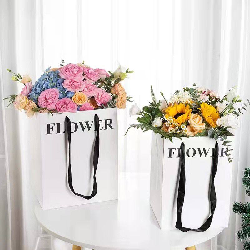白色英文手提袋鲜花蛋糕花束拎袋大号开窗情人教师节礼品包装纸袋
