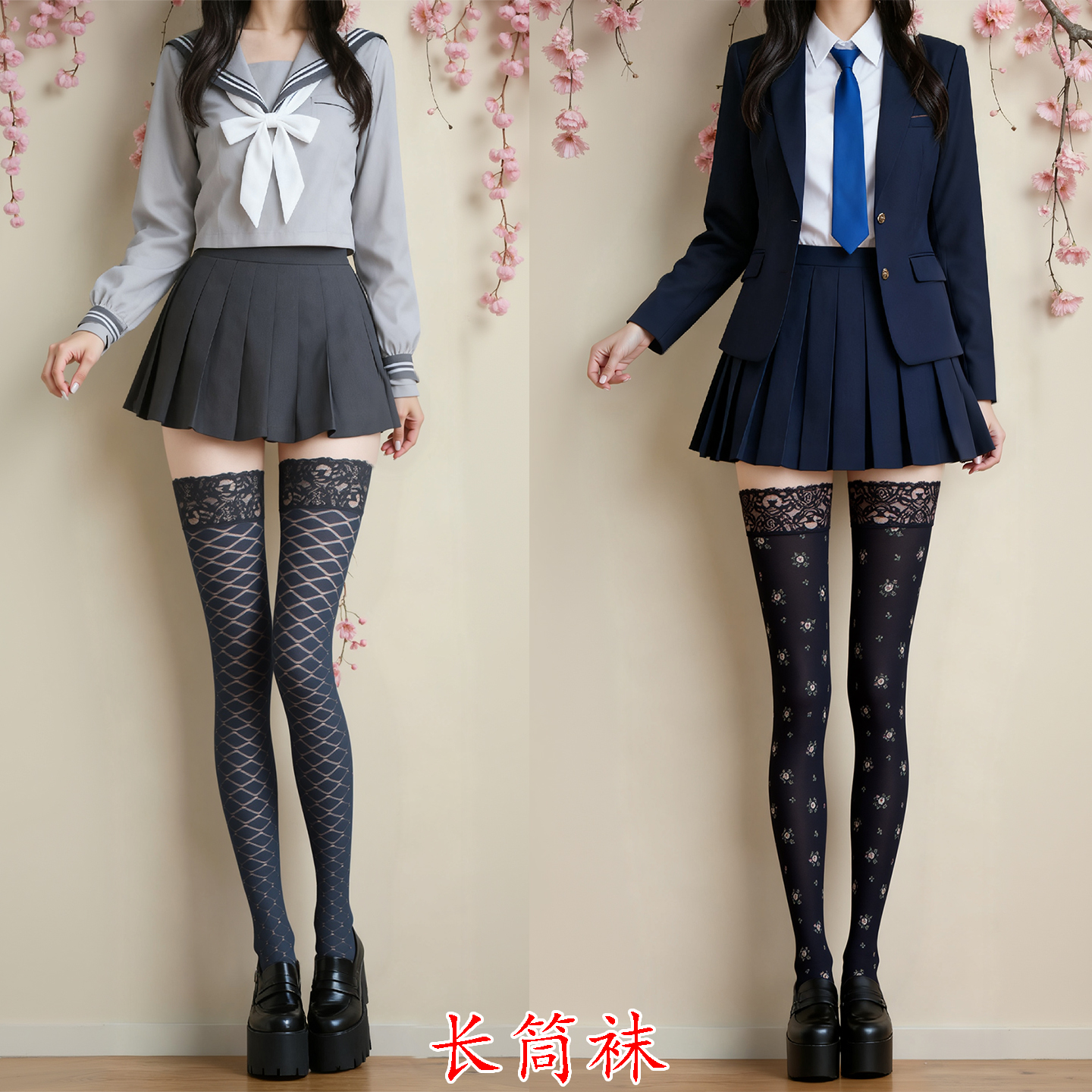 提花长筒袜防滑高弹辣妹菱形格袜