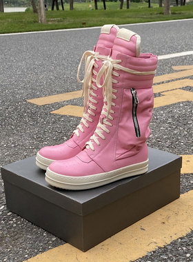 RO FABLED 粉红色真皮中筒靴大口袋男工装靴钱包鞋女短靴潮