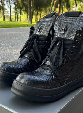 RO FABLED 欧美潮鞋黑色蛇纹倒三角真皮男鞋高帮鞋系带鞋子女