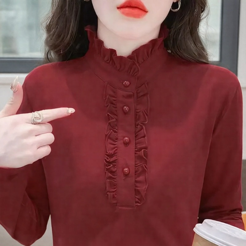 半高领木耳边衬衫女长袖洋气保暖