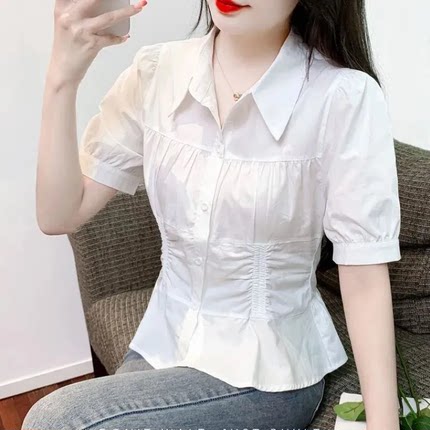 短袖衬衫女夏季2025年新款漂亮小衫收腰洋气小衫别致法式掐腰上衣