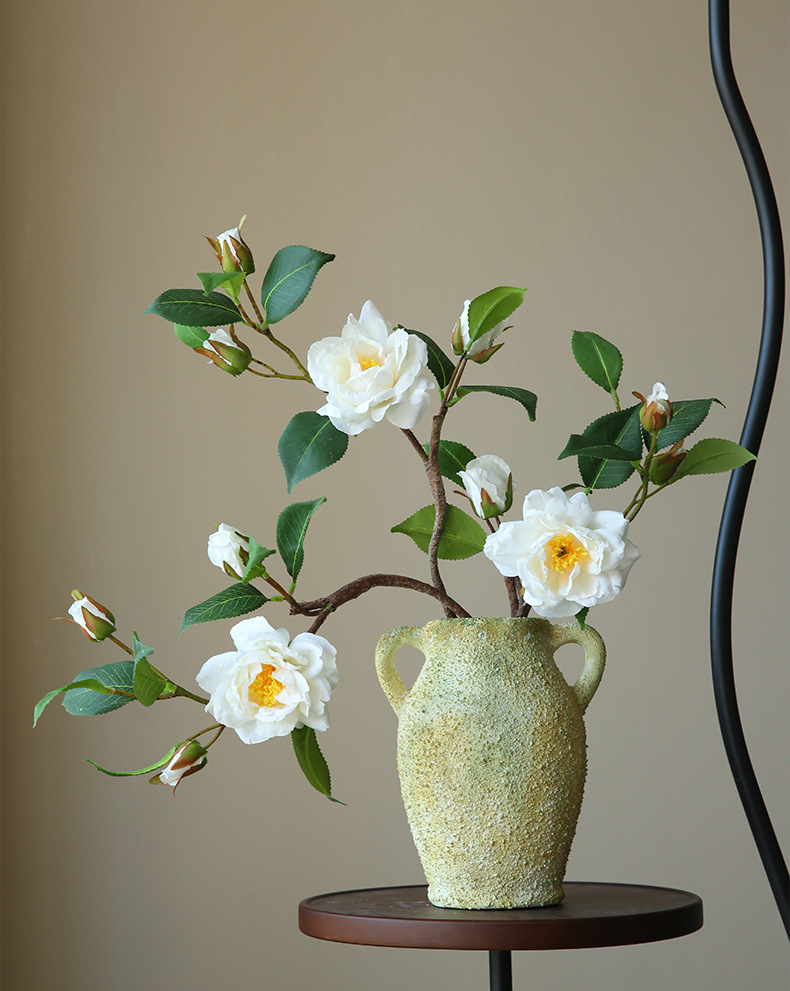 山茶花仿真花绢花树枝造型家居装饰中式禅意摆放花艺