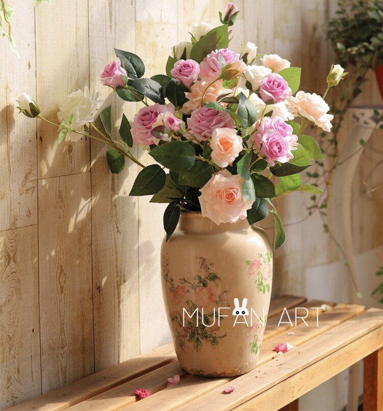 欧式古典粉花陶瓷花瓶法式田园客厅装饰摆件花器干花鲜花水培花瓶