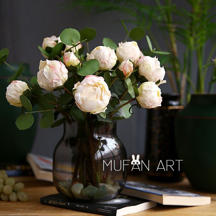 高档仿真花手札焦边牡丹花苞假花花束插花家居客厅装饰花摆件ins