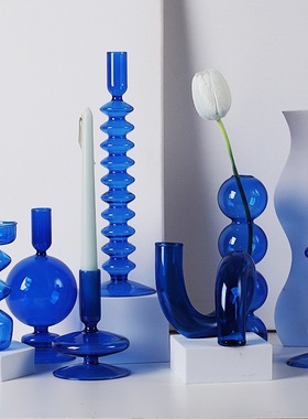 北欧网红创意宝蓝色系玻璃烛台花瓶民宿家居餐桌摆件装饰工艺品